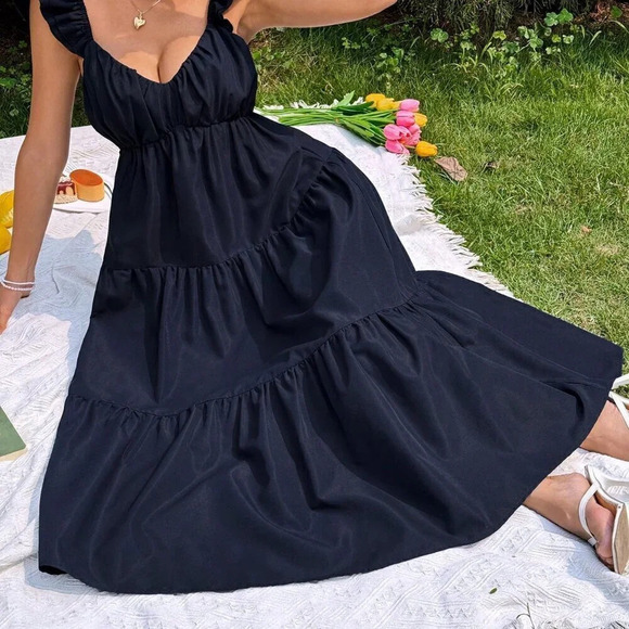 Navy Blue Casual Women's Loose Spaghetti Strap Flutter Sleeve Midi Dress - Picture 5 of 7